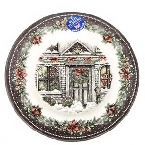 4 Royal Stafford CHRISTMAS HOME Salad Plate 8.5" Wreath Door 🎄 Bows Gray Border